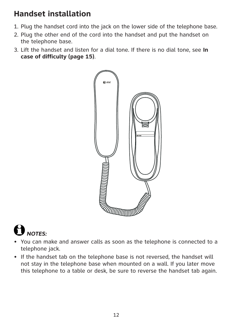 Handset installation | AT&T 205 User Manual | Page 14 / 18