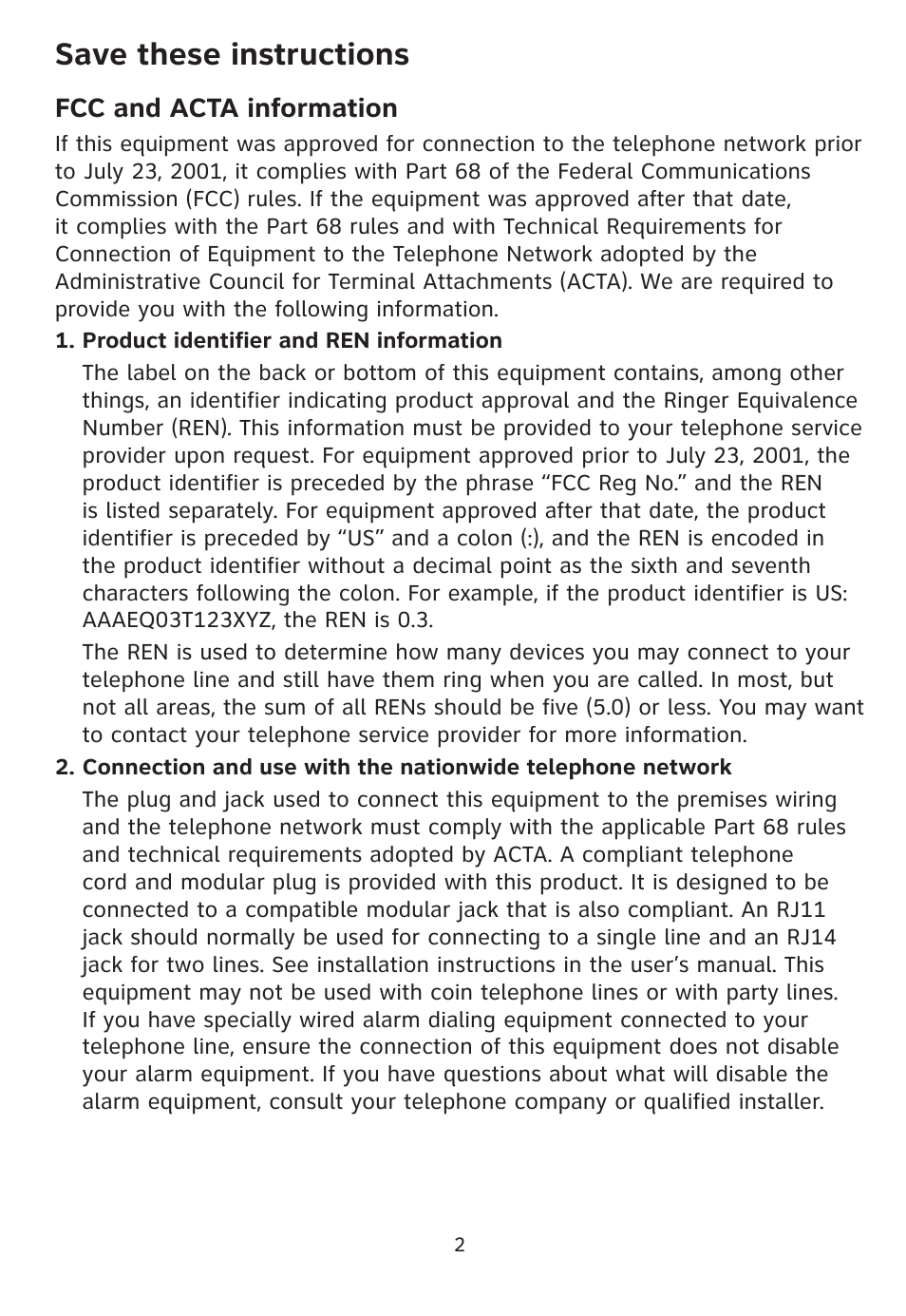 Save these instructions | AT&T 205 User Manual | Page 4 / 18