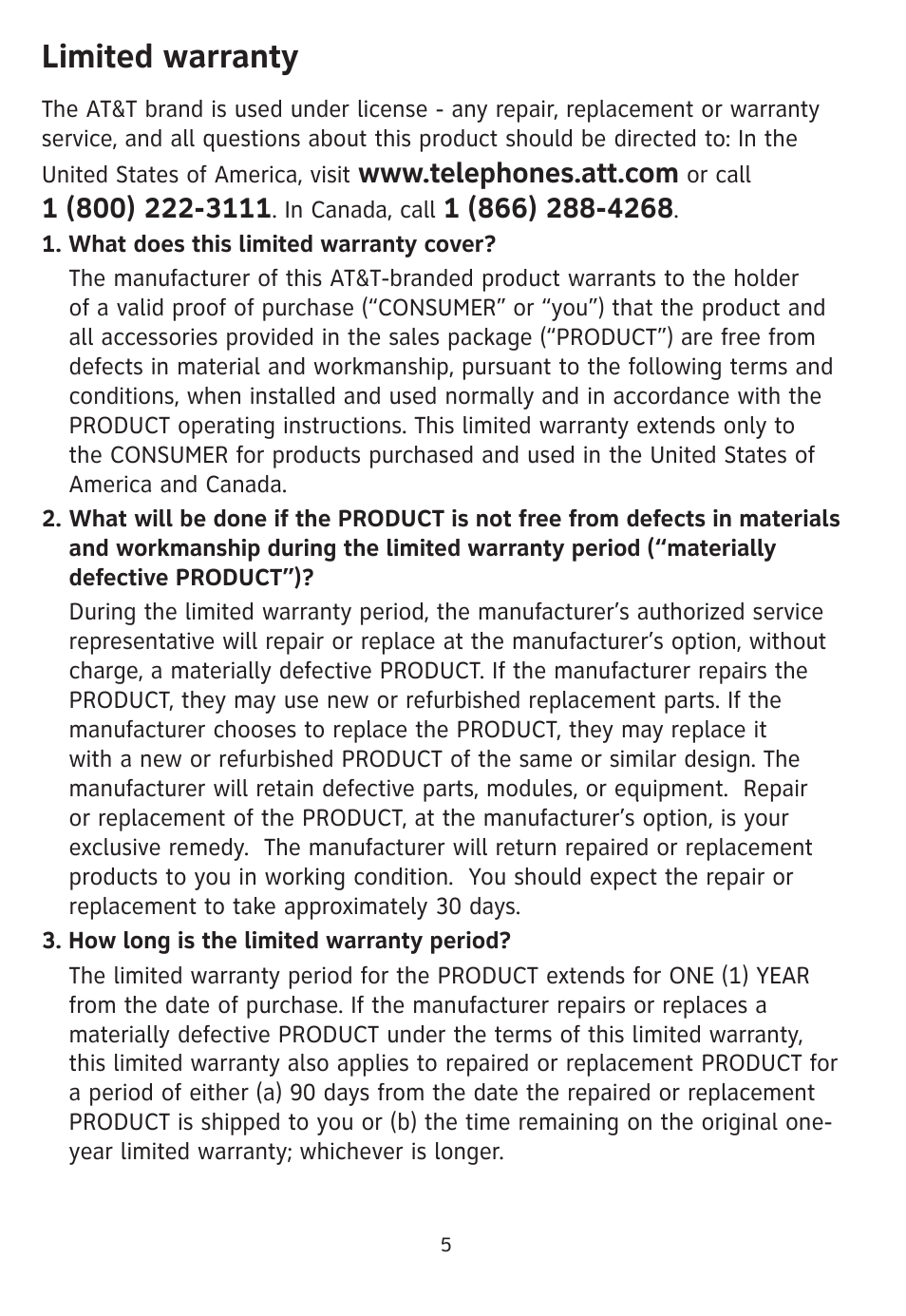 Limited warranty | AT&T 205 User Manual | Page 7 / 18