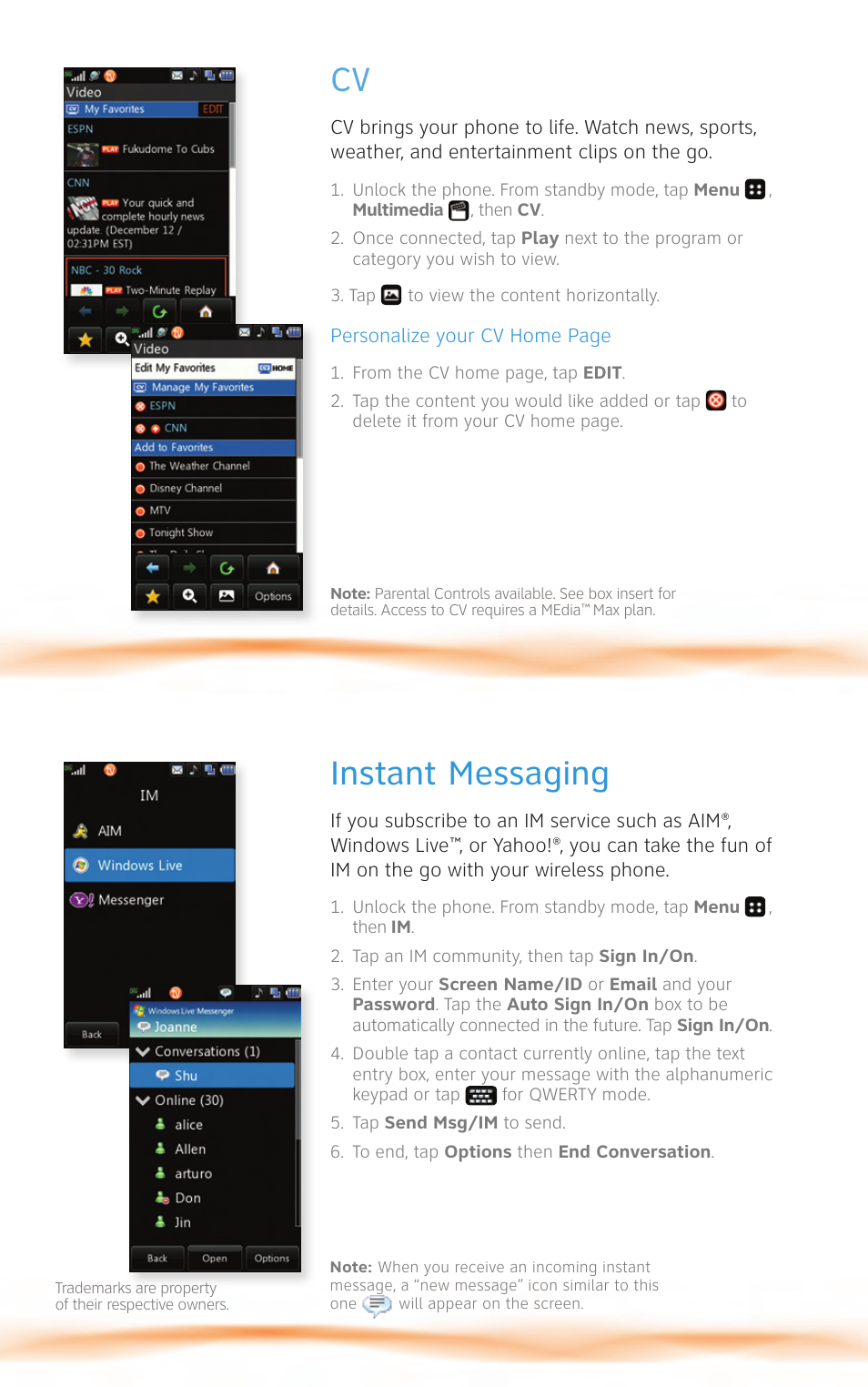 Cv instant messaging | AT&T VU CU920 User Manual | Page 12 / 16