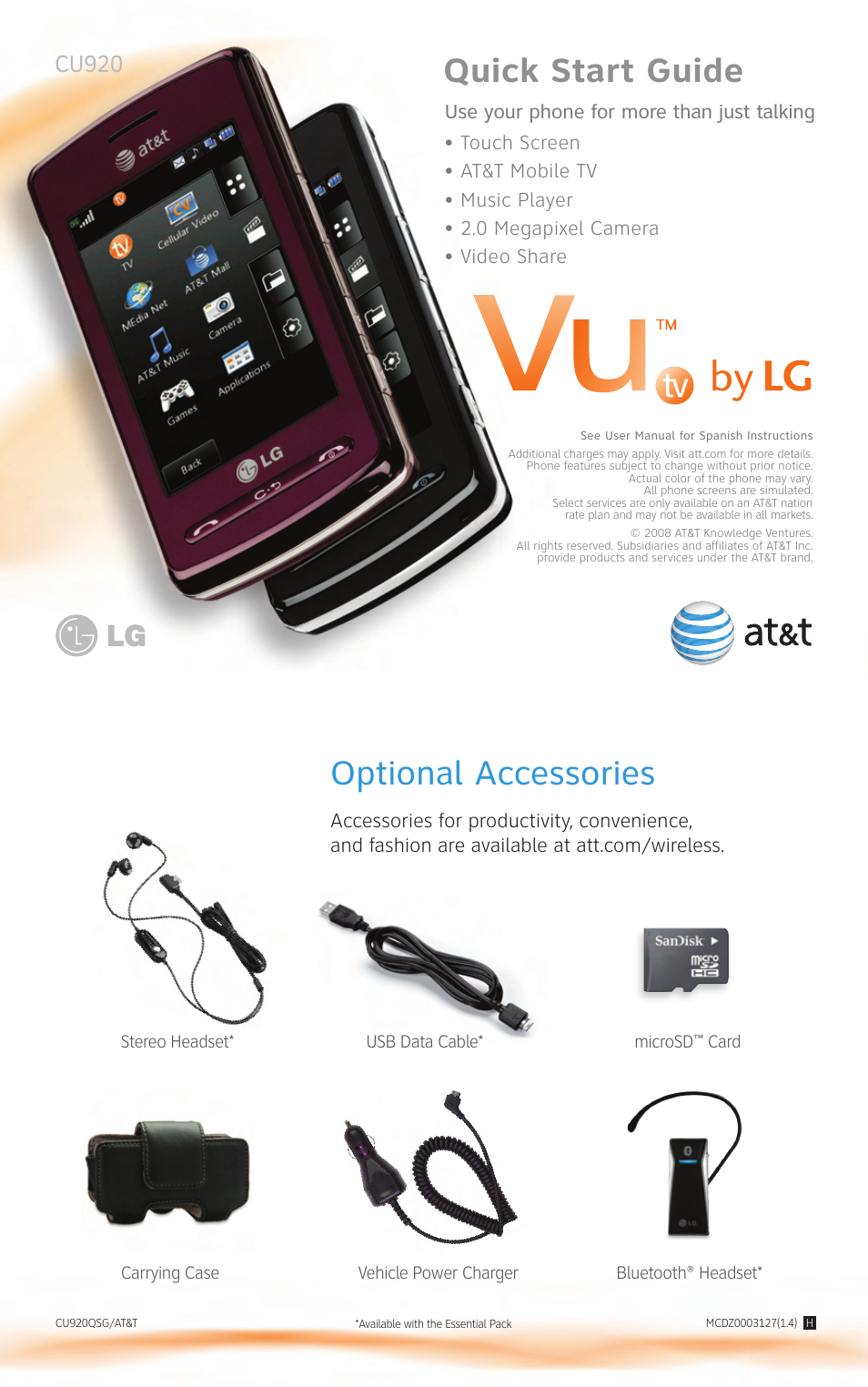 Quick start guide, Optional accessories, Cu920 | AT&T VU CU920 User Manual | Page 16 / 16