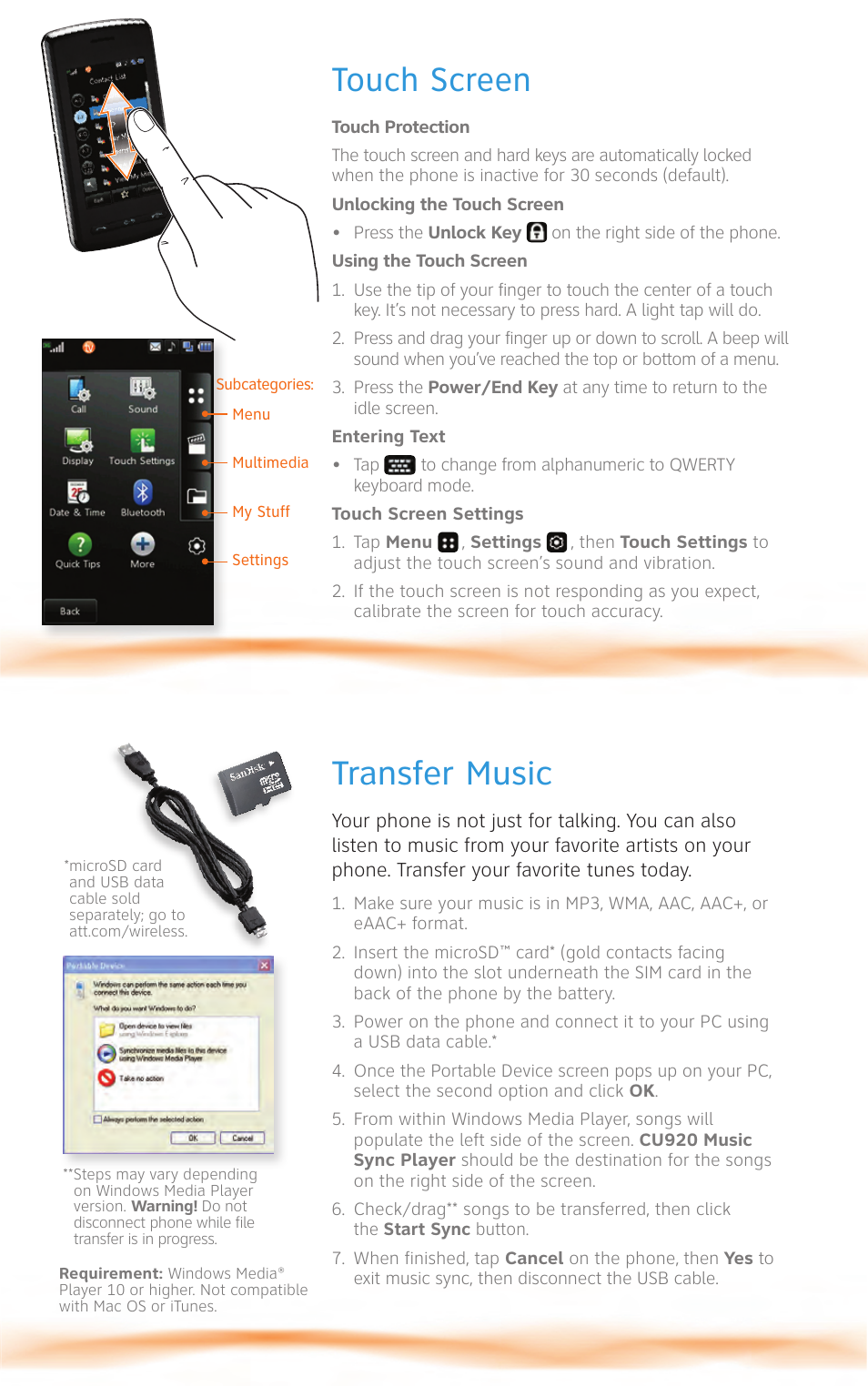 Touch screen transfer music | AT&T VU CU920 User Manual | Page 3 / 16