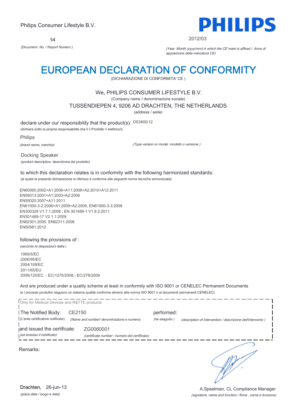 European declaration of conformity | Philips Station d'accueil avec Bluetooth® User Manual | Page 10 / 21