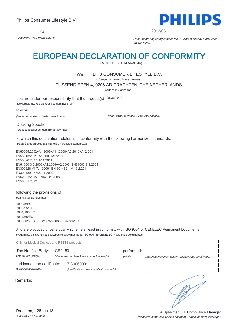 European declaration of conformity | Philips Station d'accueil avec Bluetooth® User Manual | Page 11 / 21