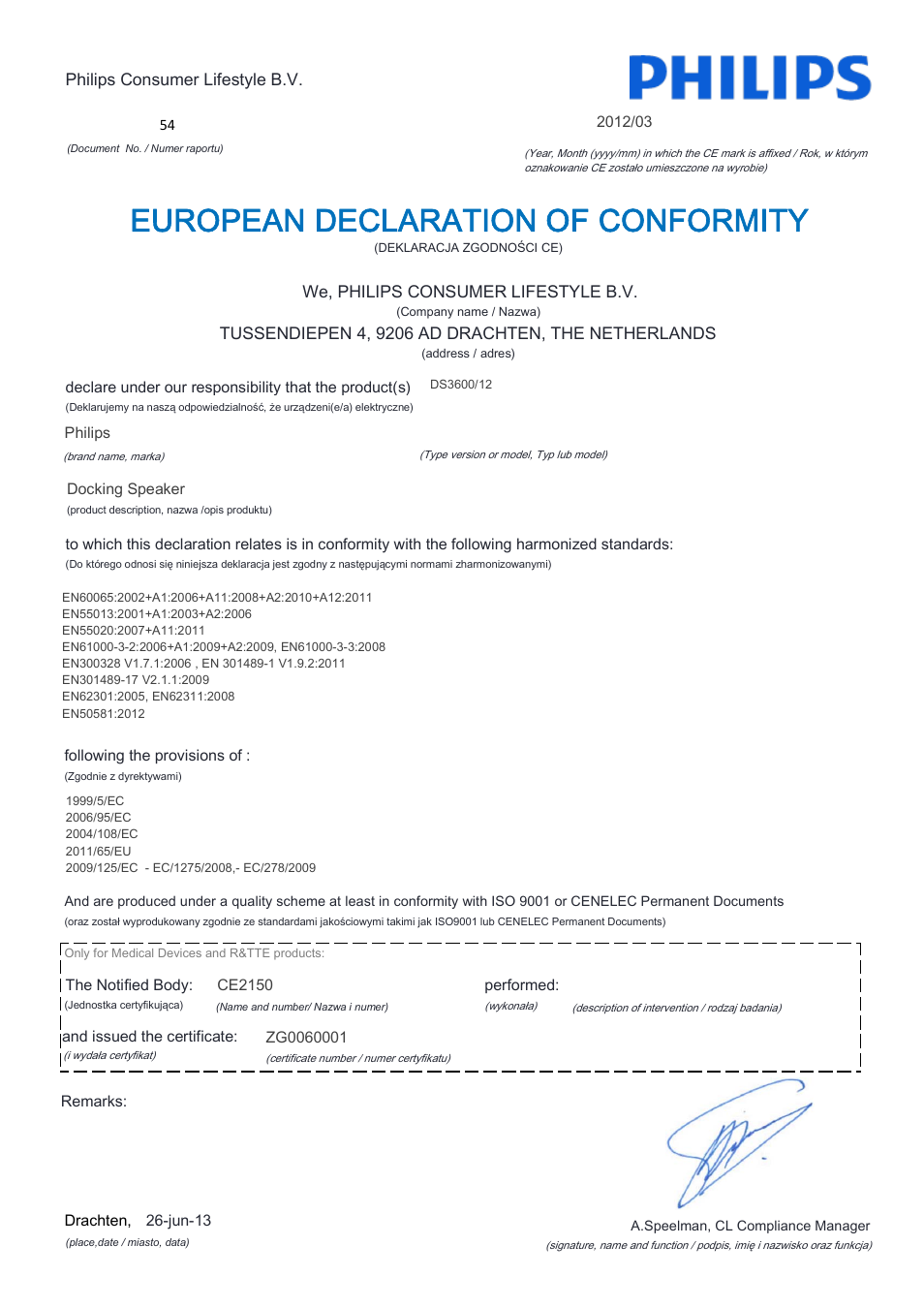 European declaration of conformity | Philips Station d'accueil avec Bluetooth® User Manual | Page 13 / 21