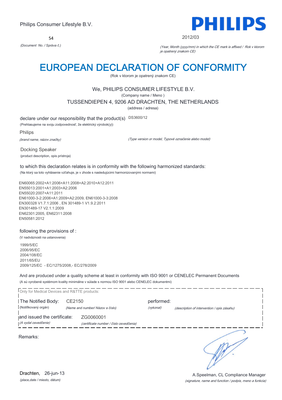 European declaration of conformity | Philips Station d'accueil avec Bluetooth® User Manual | Page 17 / 21