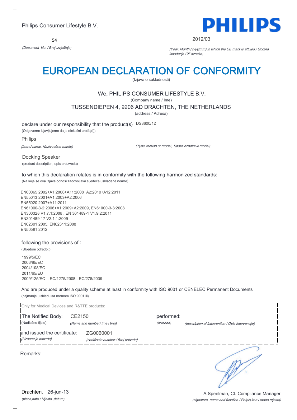 European declaration of conformity | Philips Station d'accueil avec Bluetooth® User Manual | Page 20 / 21