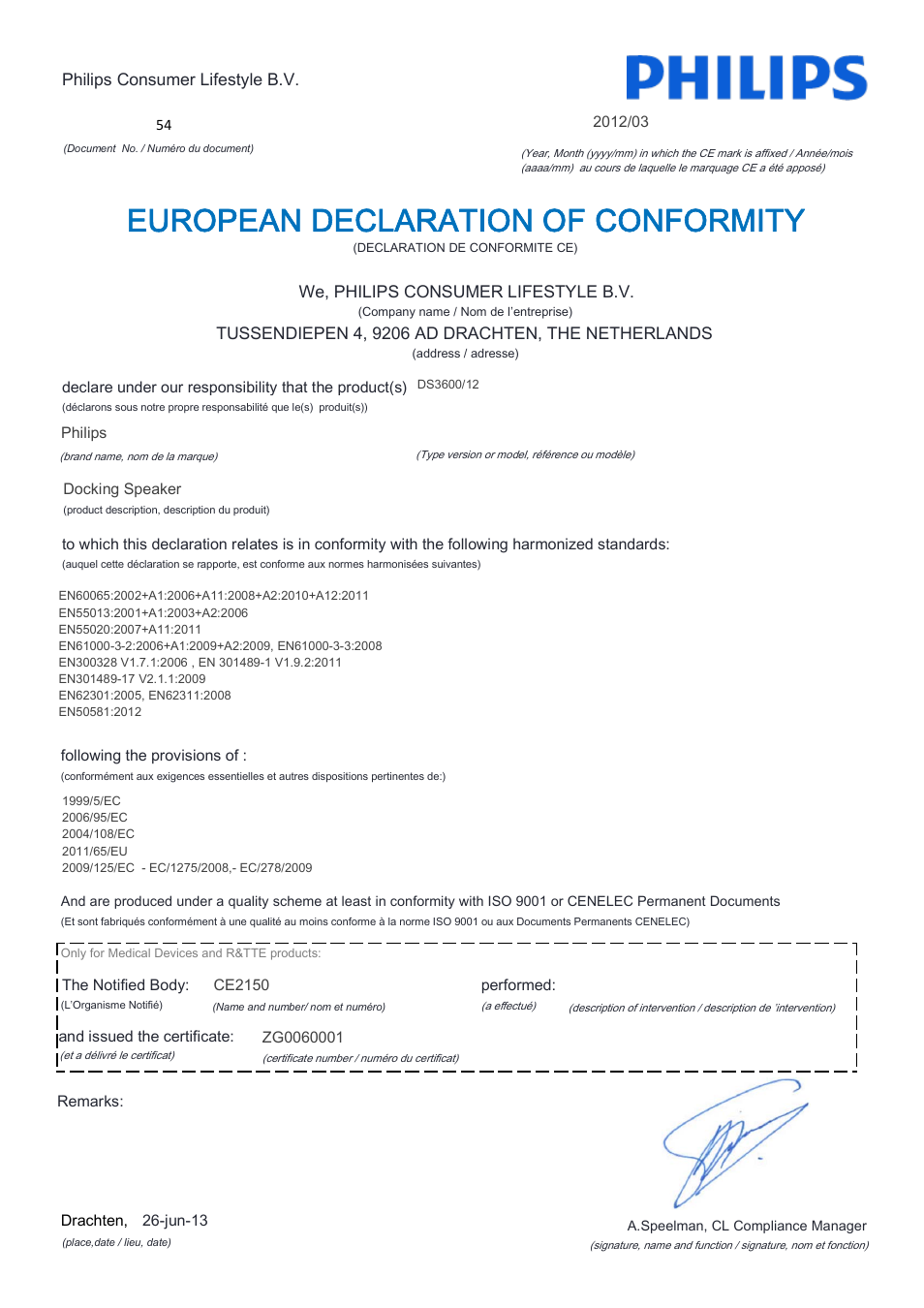 European declaration of conformity | Philips Station d'accueil avec Bluetooth® User Manual | Page 3 / 21