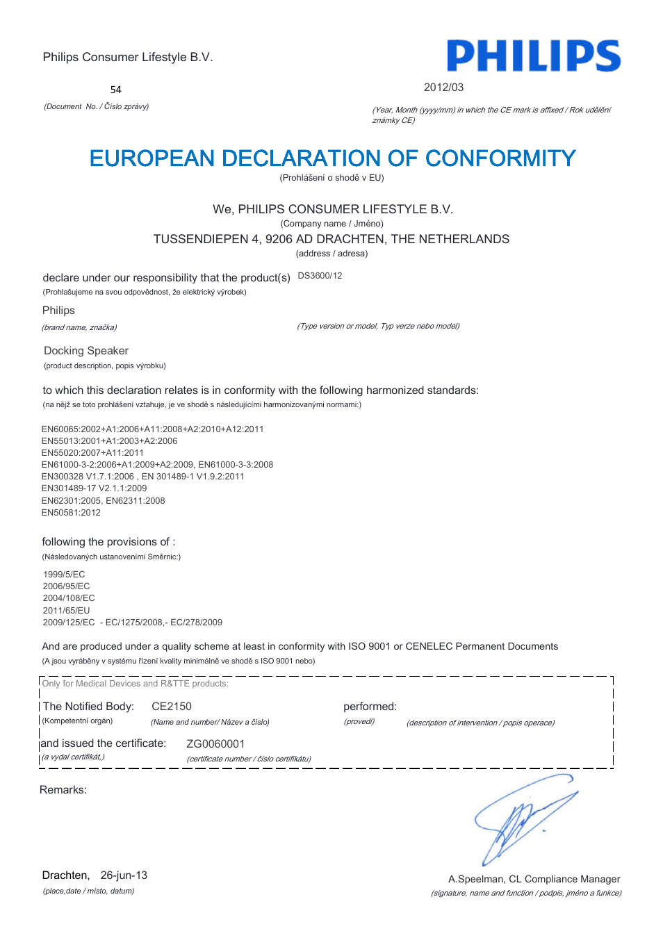 European declaration of conformity | Philips Station d'accueil avec Bluetooth® User Manual | Page 5 / 21