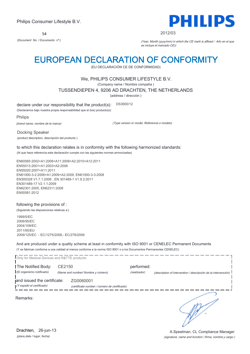 European declaration of conformity | Philips Station d'accueil avec Bluetooth® User Manual | Page 7 / 21