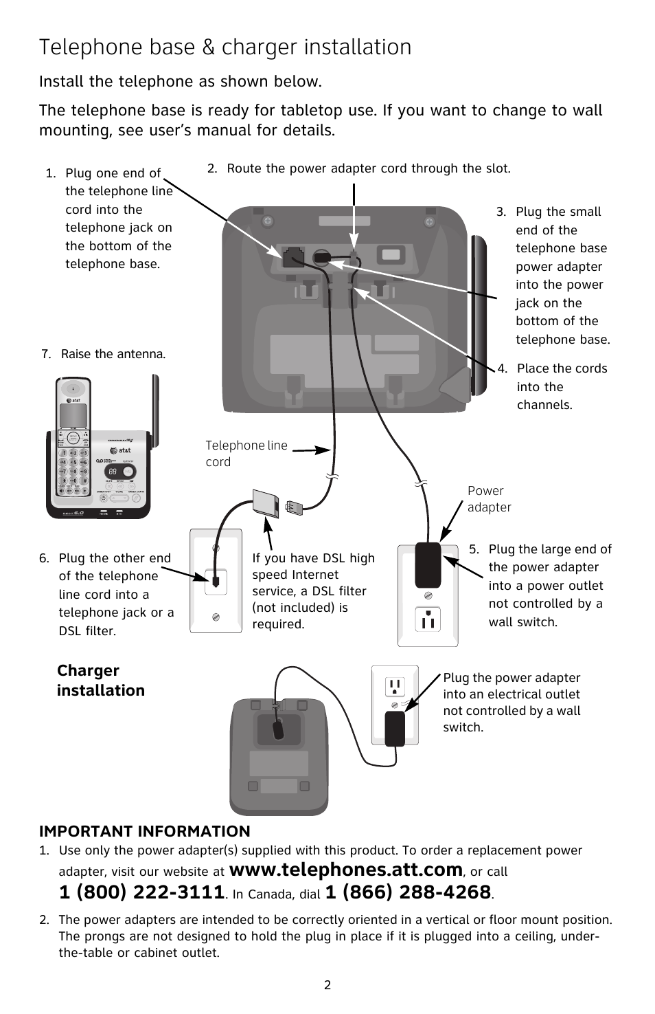 Telephone base & charger installation | AT&T CL82209 User Manual | Page 3 / 9