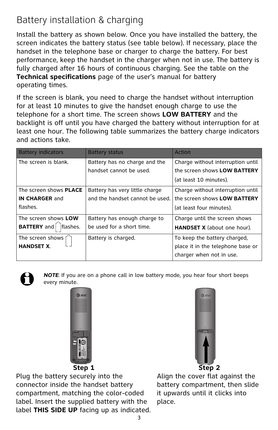 Battery installation & charging | AT&T CL82209 User Manual | Page 4 / 9