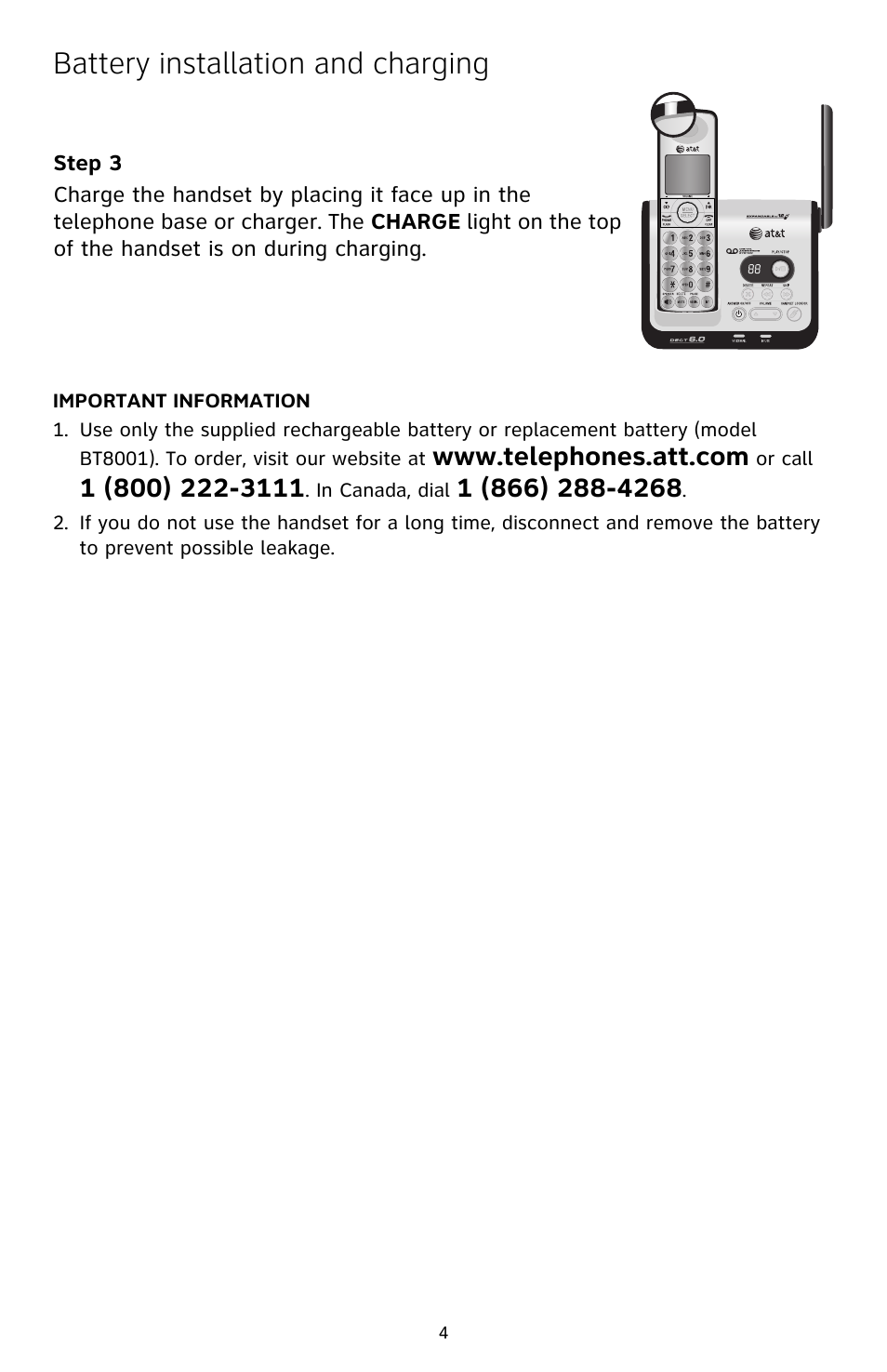 Battery installation and charging | AT&T CL82209 User Manual | Page 5 / 9