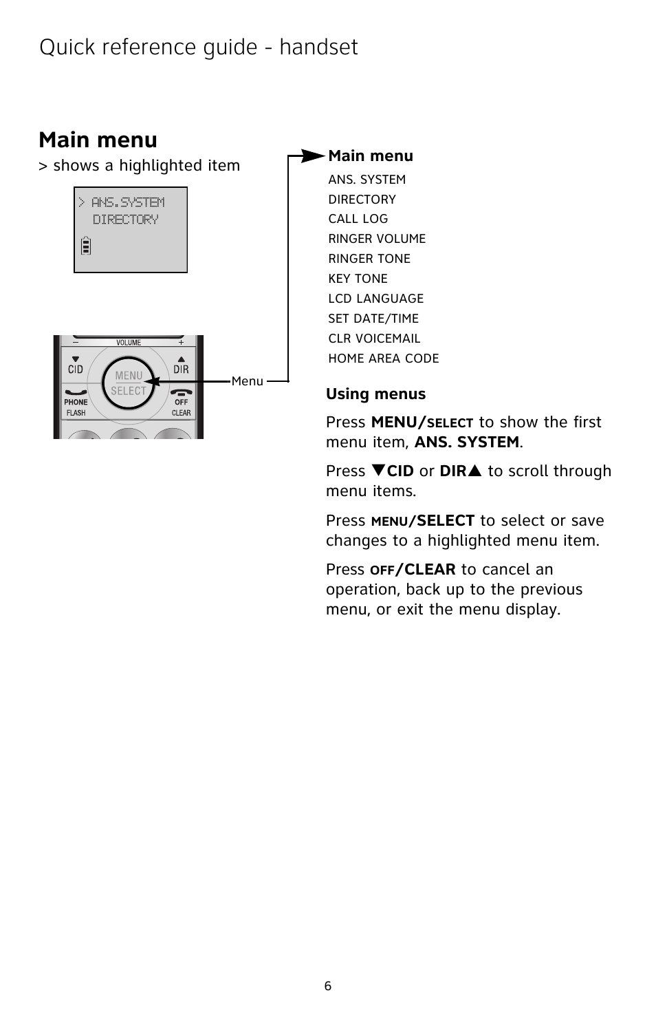 Quick reference guide - handset main menu | AT&T CL82209 User Manual | Page 7 / 9