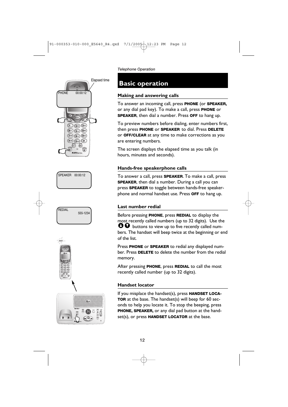 Telephone operation, Basic operation, Making and answering calls | Hands-free speakerphone calls, Last number redial, Handset locator | AT&T E5640 User Manual | Page 14 / 45