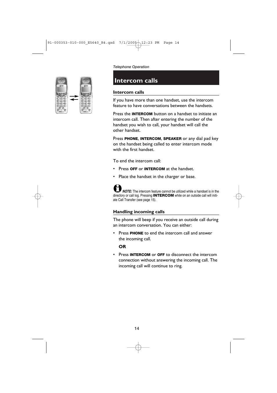 Intercom calls, Handling incoming calls | AT&T E5640 User Manual | Page 16 / 45