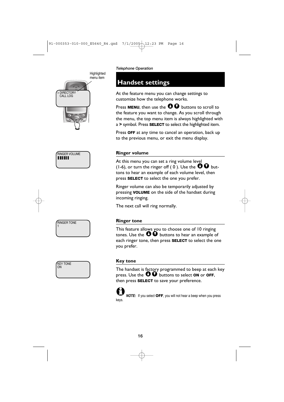 Handset settings, Ringer volume, Ringer tone | Key tone | AT&T E5640 User Manual | Page 18 / 45