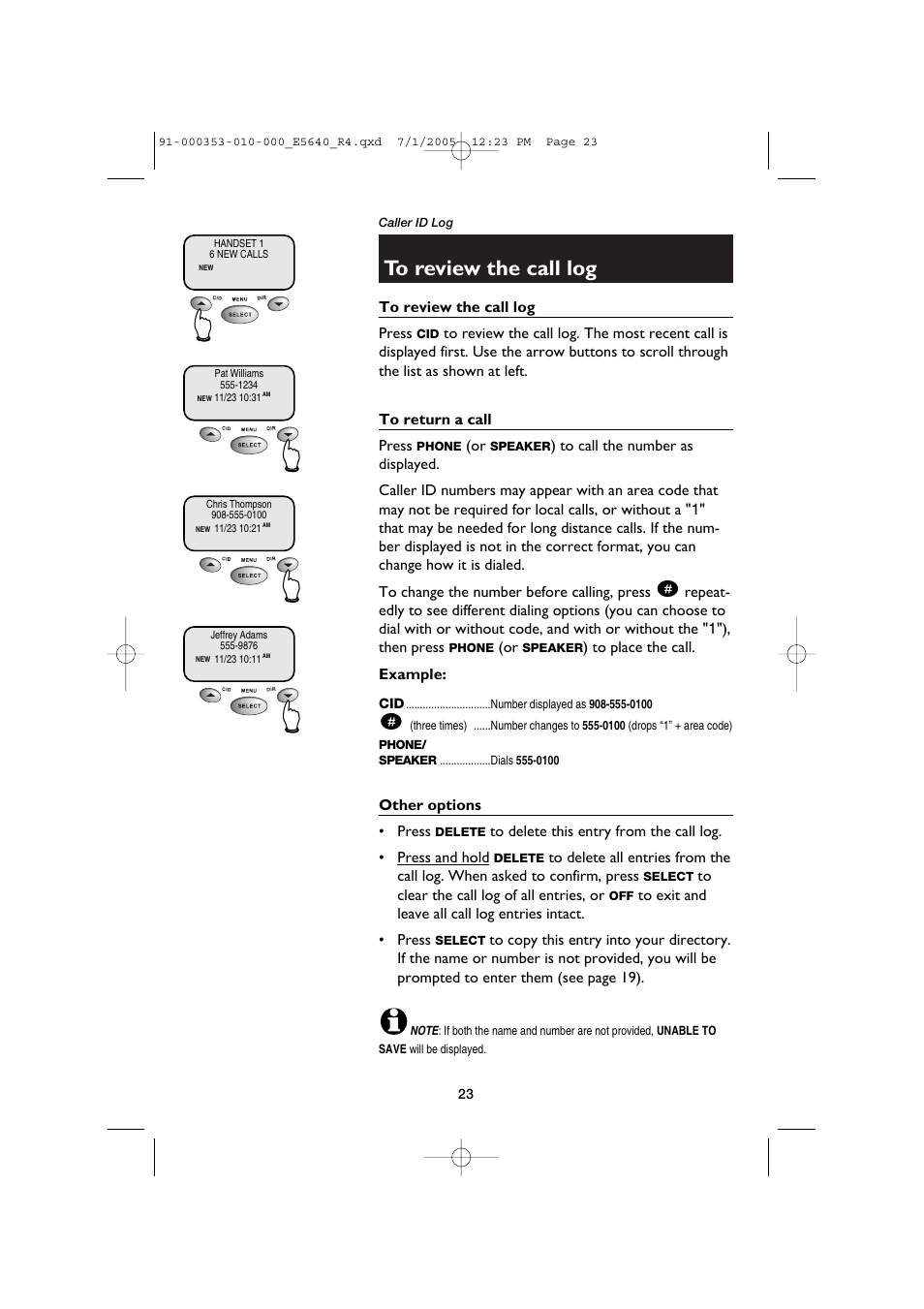 To review the call log, To return a call, Other options | AT&T E5640 User Manual | Page 25 / 45