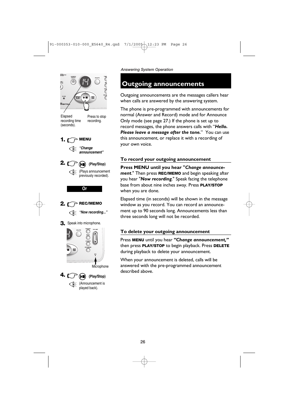 Outgoing announcements, To record your outgoing announcement, To delete your outgoing announcement | AT&T E5640 User Manual | Page 28 / 45