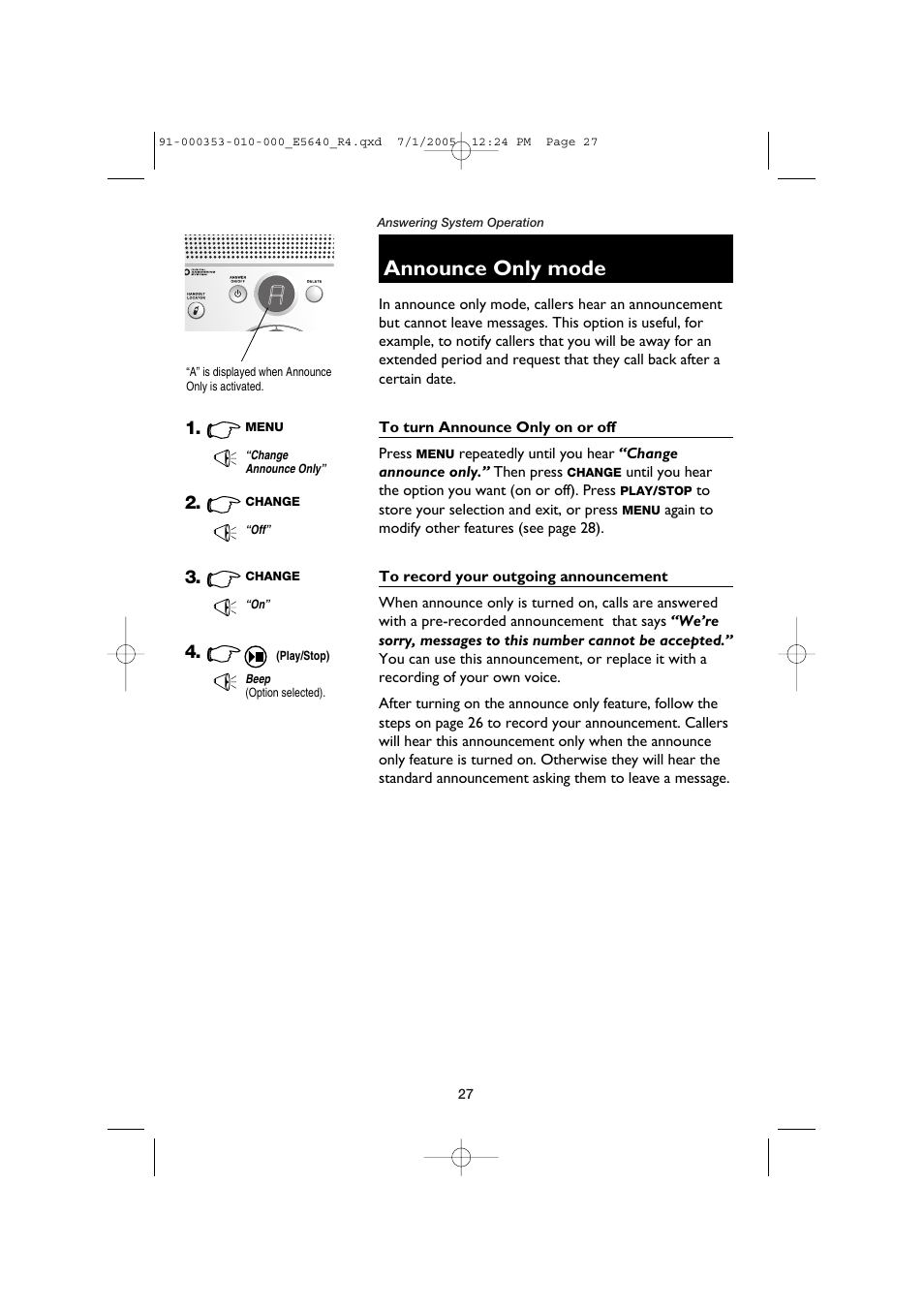 Announce only mode, To turn announce only on or off, To record your outgoing announcement | AT&T E5640 User Manual | Page 29 / 45