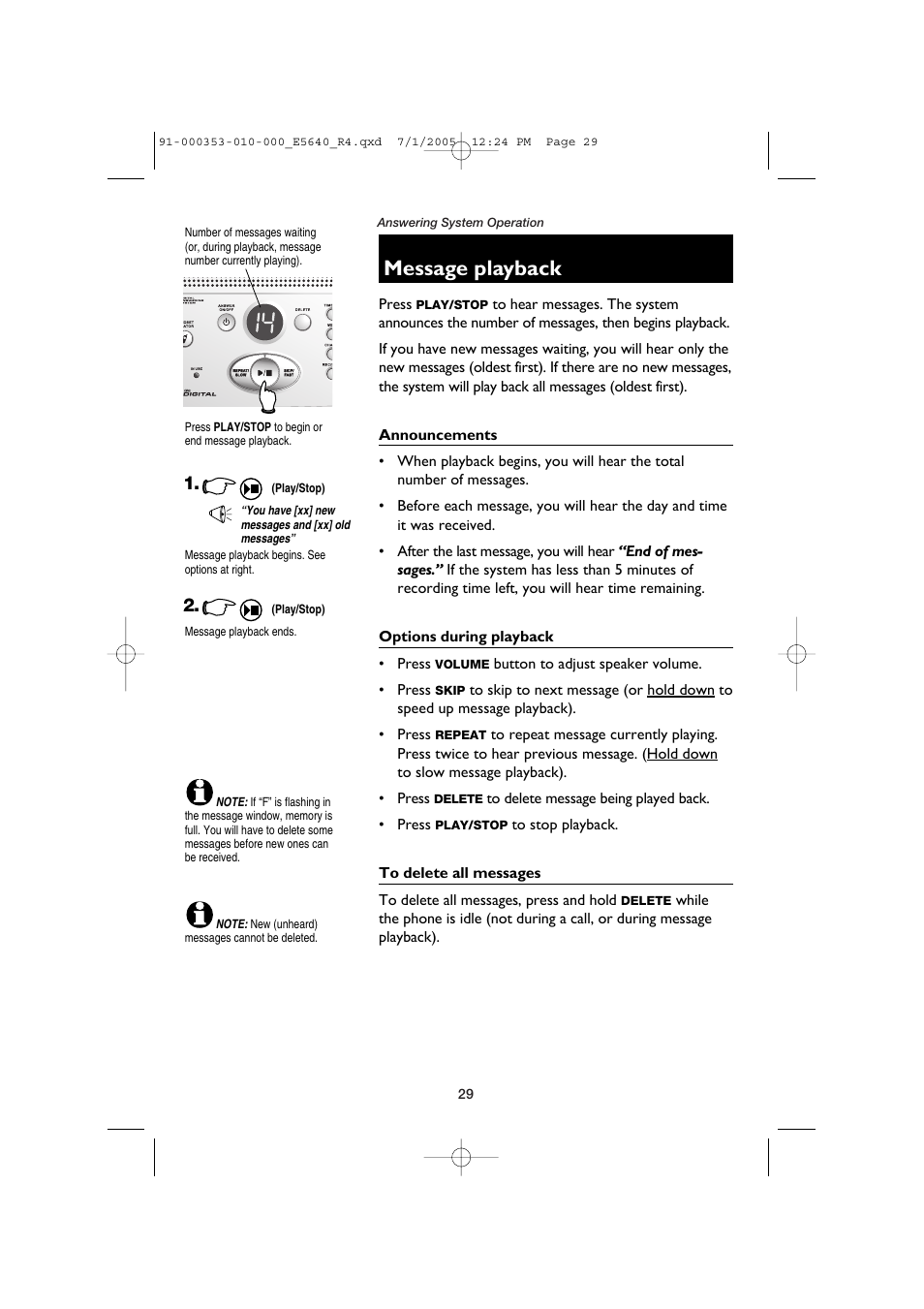 Message playback, Announcements, Options during playback | To delete all messages | AT&T E5640 User Manual | Page 31 / 45