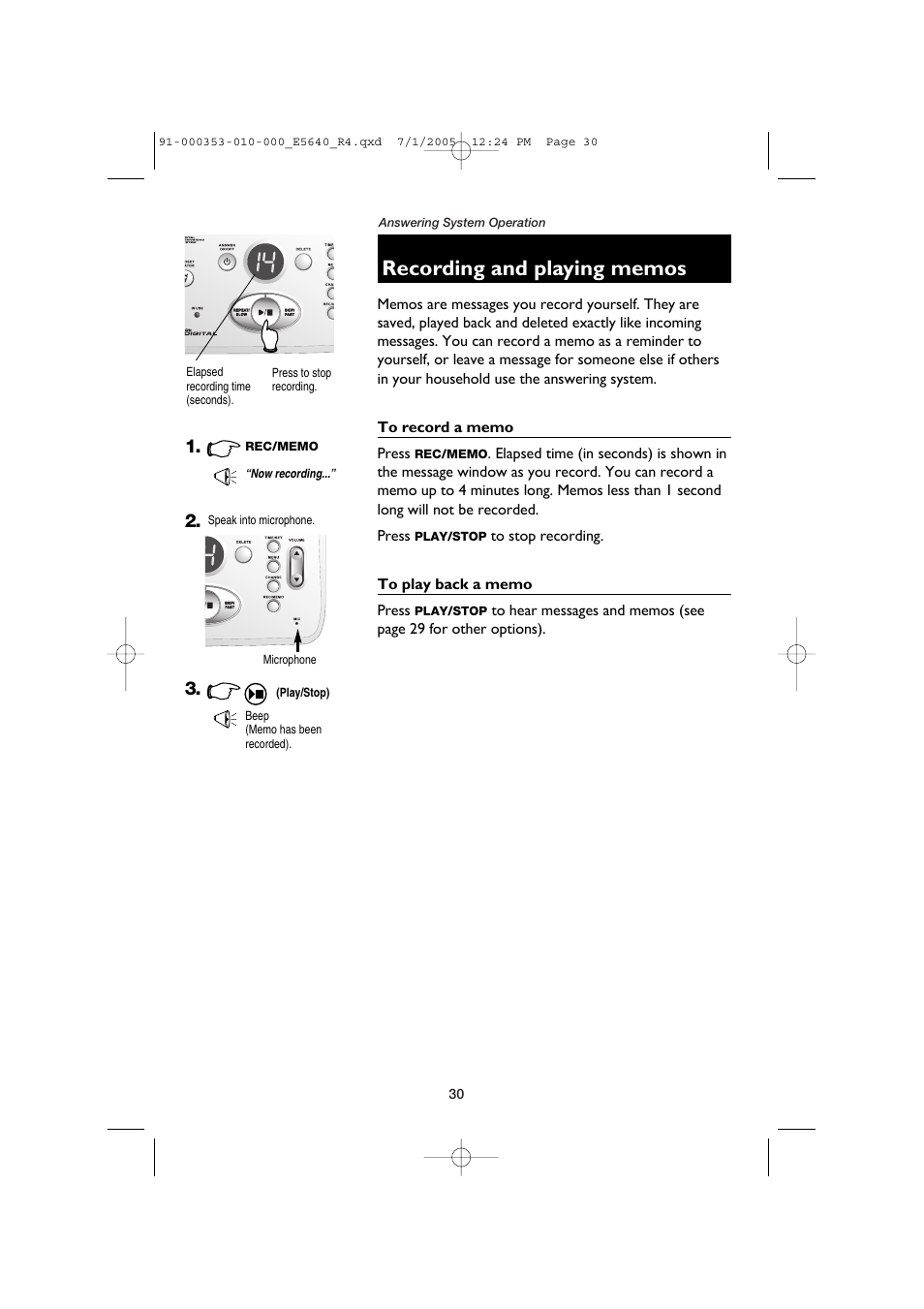 Recording and playing memos, To play back a memo, To record a memo | AT&T E5640 User Manual | Page 32 / 45