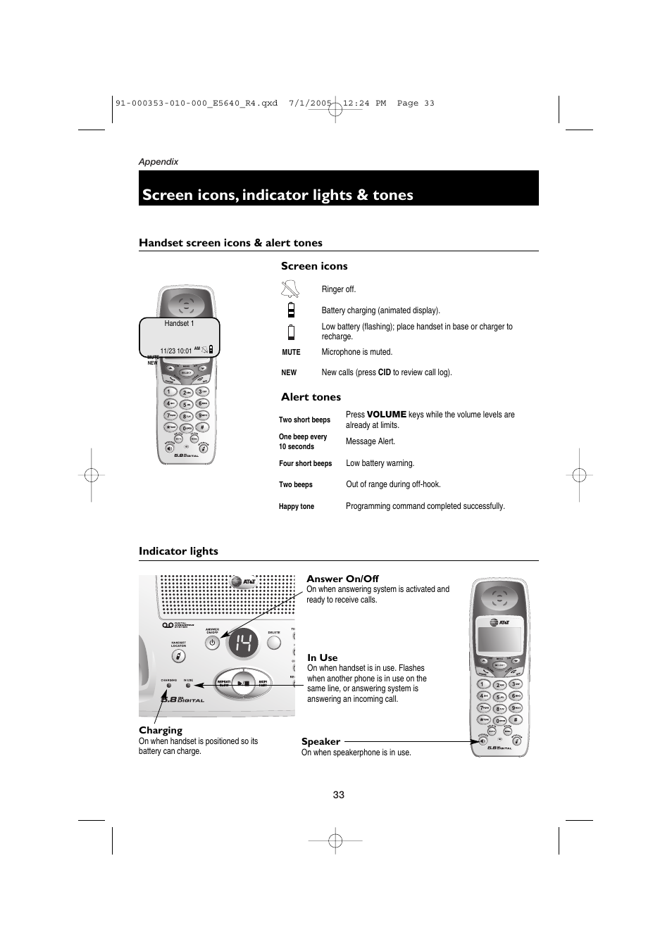 Appendix, Screen icons, indicator lights & tones, Handset screen icons & alert tones | Indicator lights, Screen icons alert tones | AT&T E5640 User Manual | Page 35 / 45