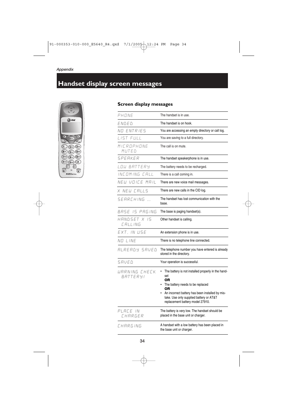 Handset display screen messages, Screen display messages | AT&T E5640 User Manual | Page 36 / 45