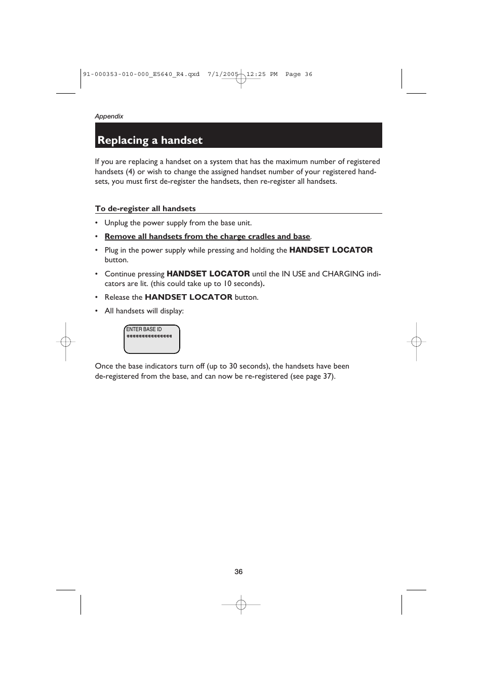 Replacing a handset, To de-register all handsets | AT&T E5640 User Manual | Page 38 / 45