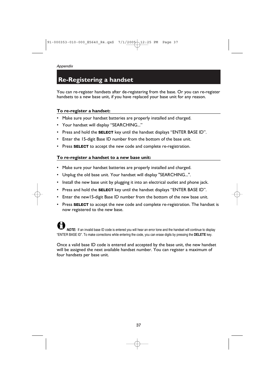 Re-registering a handset, To re-register a handset, To re-register a handset to a new base unit | AT&T E5640 User Manual | Page 39 / 45