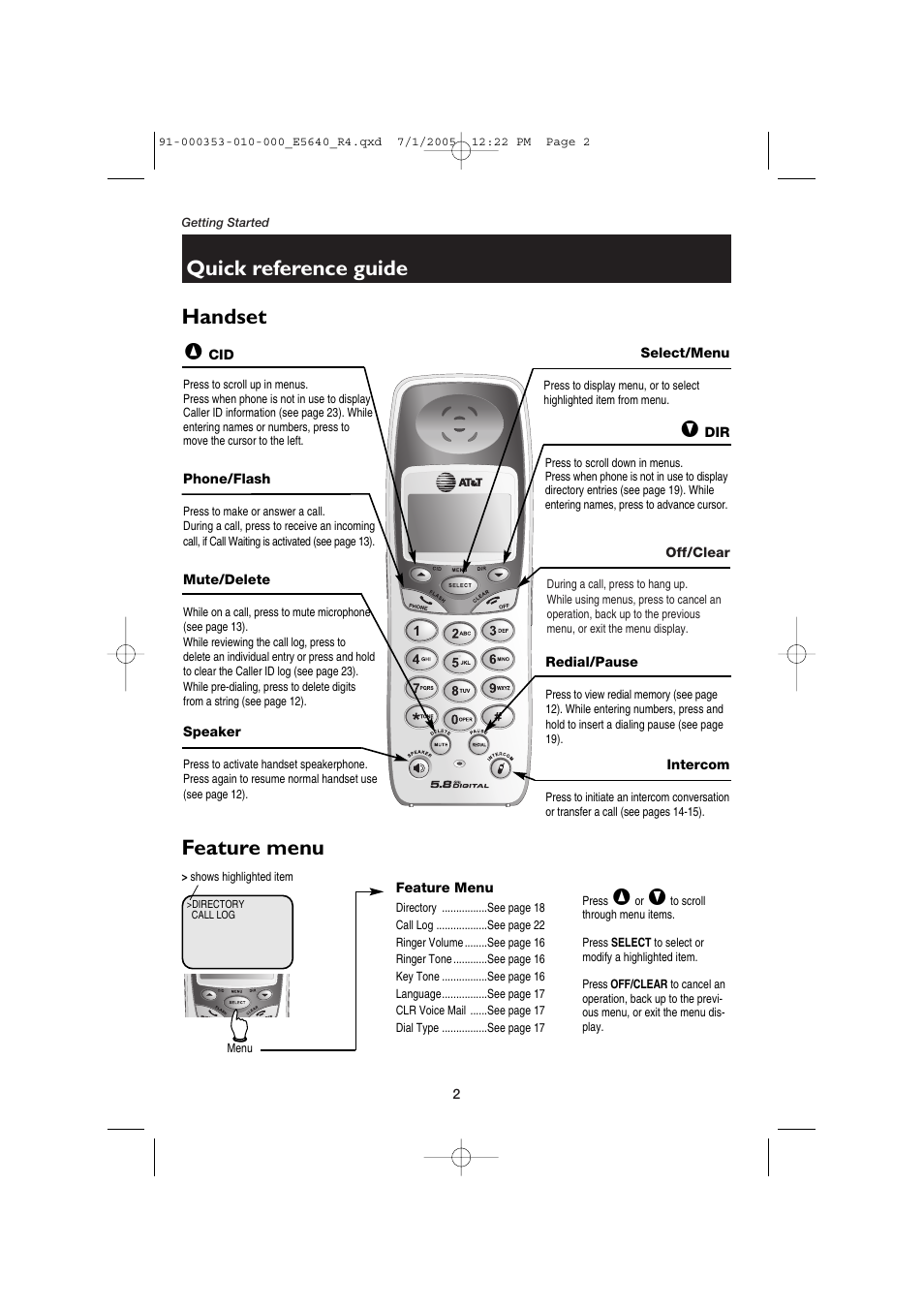 Getting started, Quick reference guide, Handset | Phone/flash, Mute/delete, Speaker, Select/menu, Off/clear, Redial/pause, Intercom | AT&T E5640 User Manual | Page 4 / 45