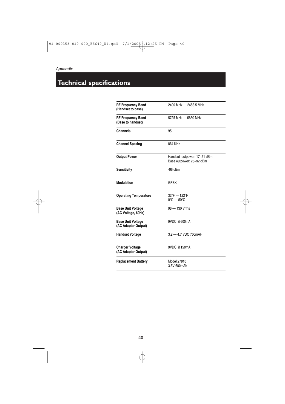 Technical specifications | AT&T E5640 User Manual | Page 42 / 45