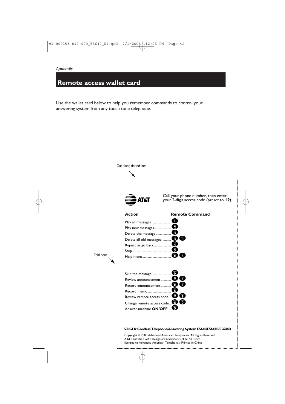 Remote access wallet card | AT&T E5640 User Manual | Page 44 / 45