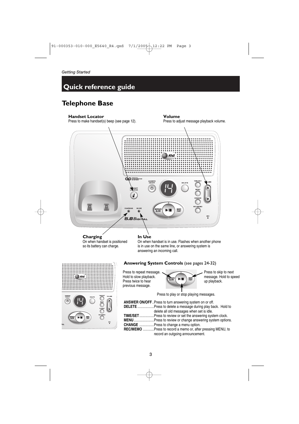 Quick reference guide, Telephone base, In use | Handset locator, Volume, Charging, Answering system controls | AT&T E5640 User Manual | Page 5 / 45