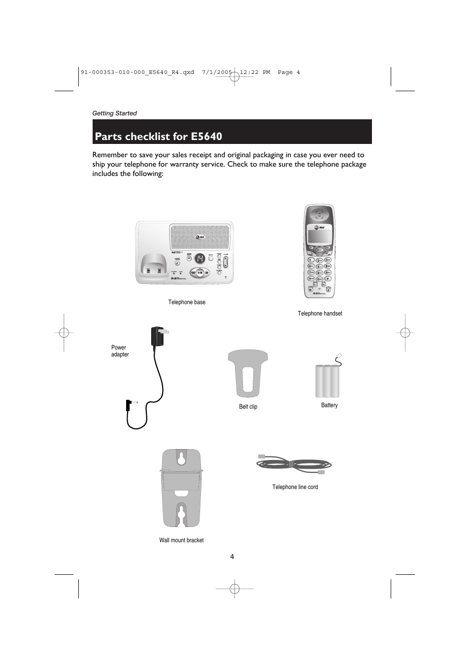Parts checklist for e5640 | AT&T E5640 User Manual | Page 6 / 45