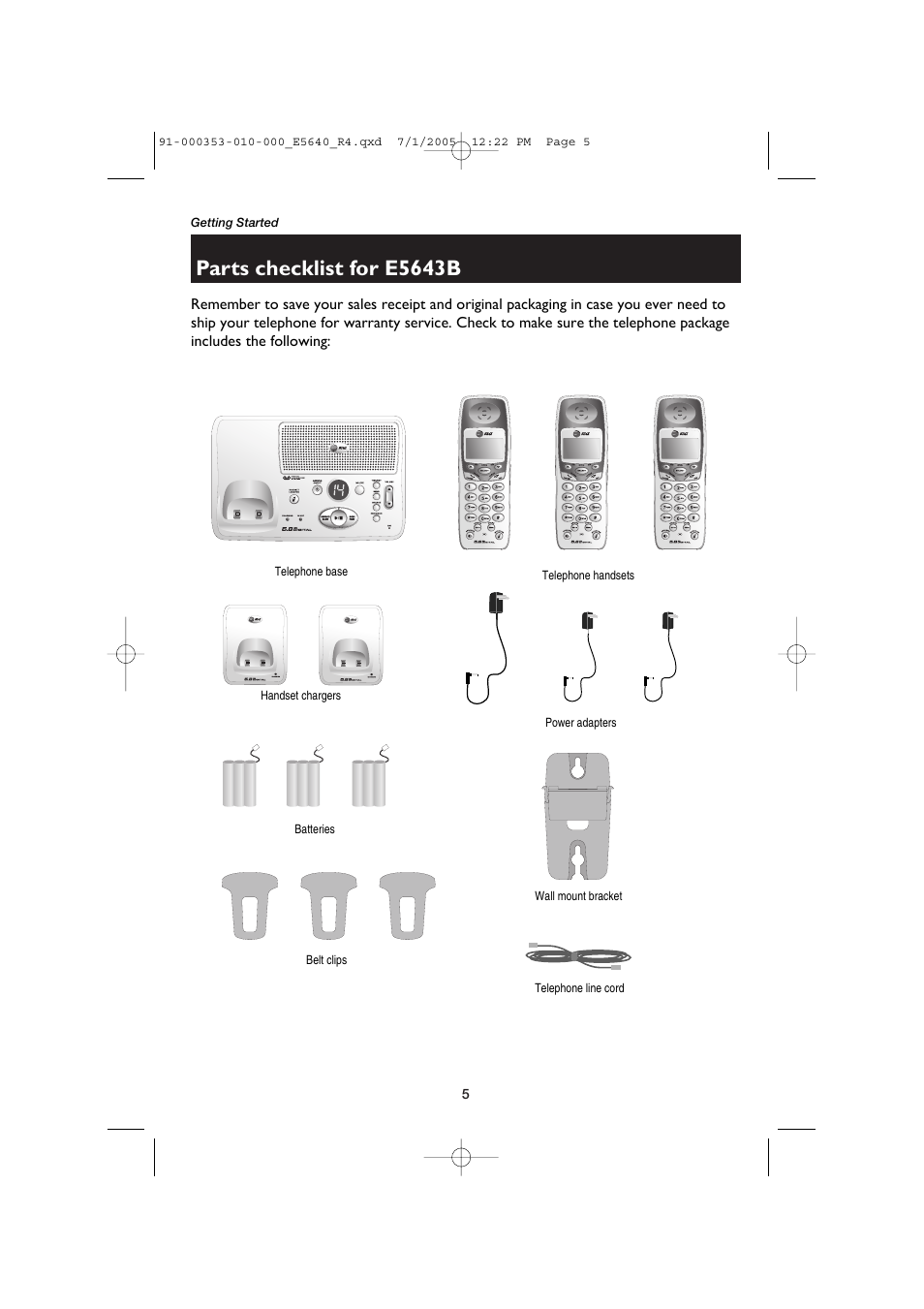 Parts checklist for e5643b | AT&T E5640 User Manual | Page 7 / 45