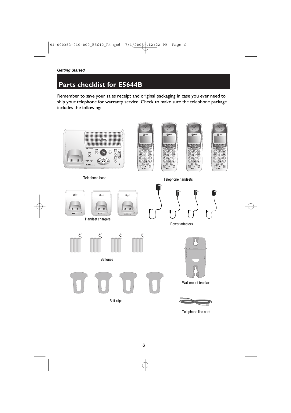 Parts checklist for e5644b | AT&T E5640 User Manual | Page 8 / 45