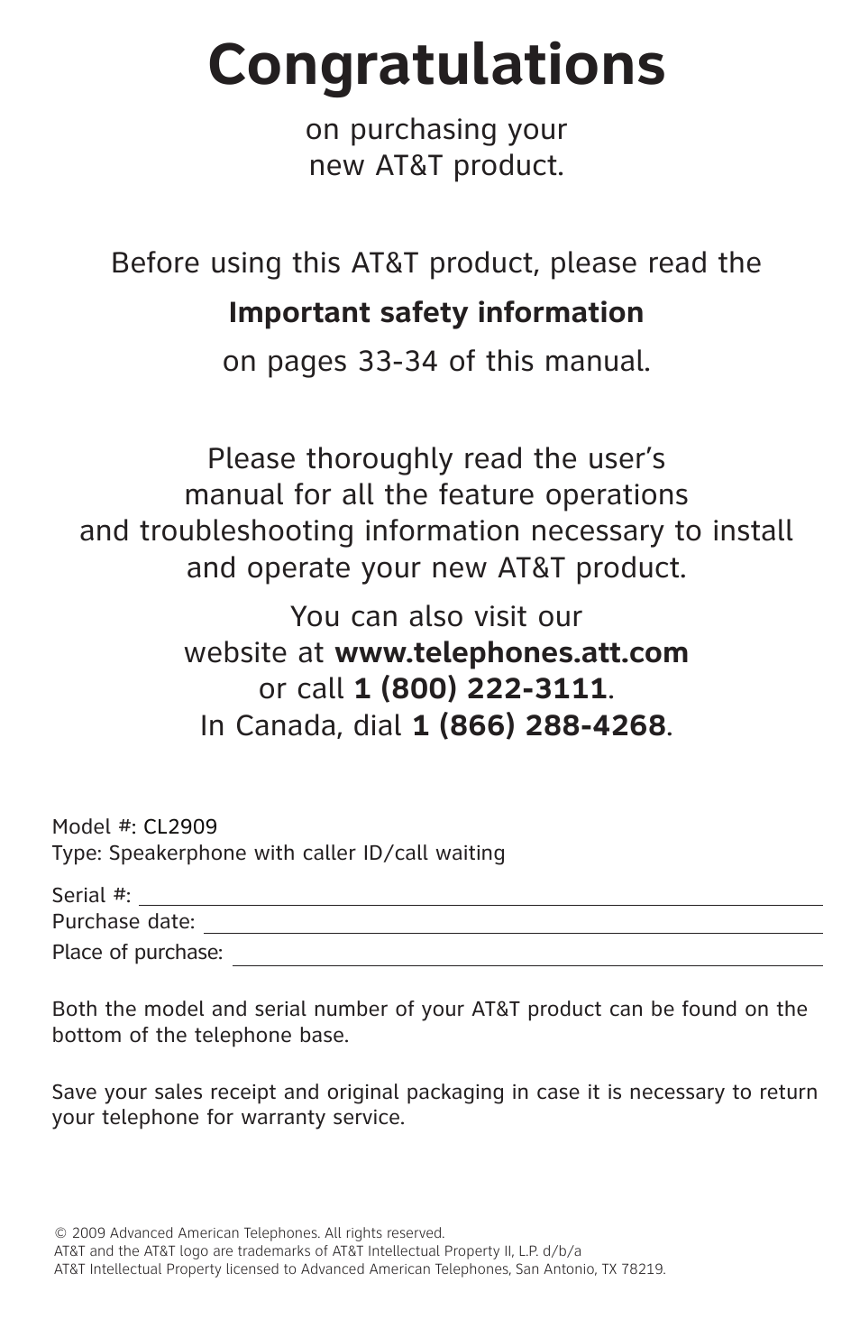 AT&T CL2909 User Manual | Page 2 / 49