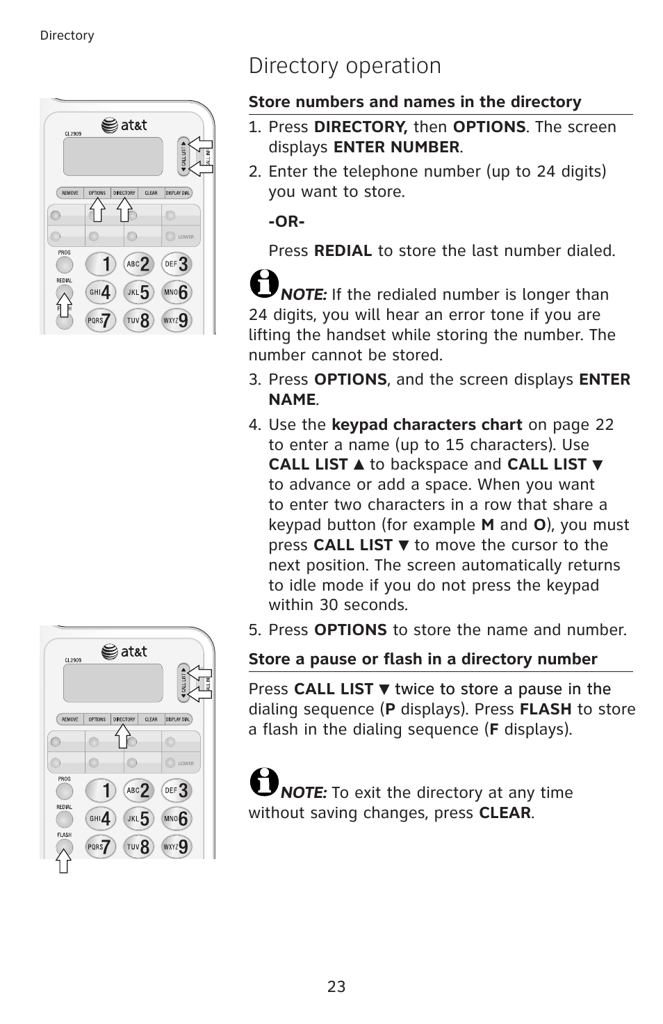 Directory operation | AT&T CL2909 User Manual | Page 29 / 49