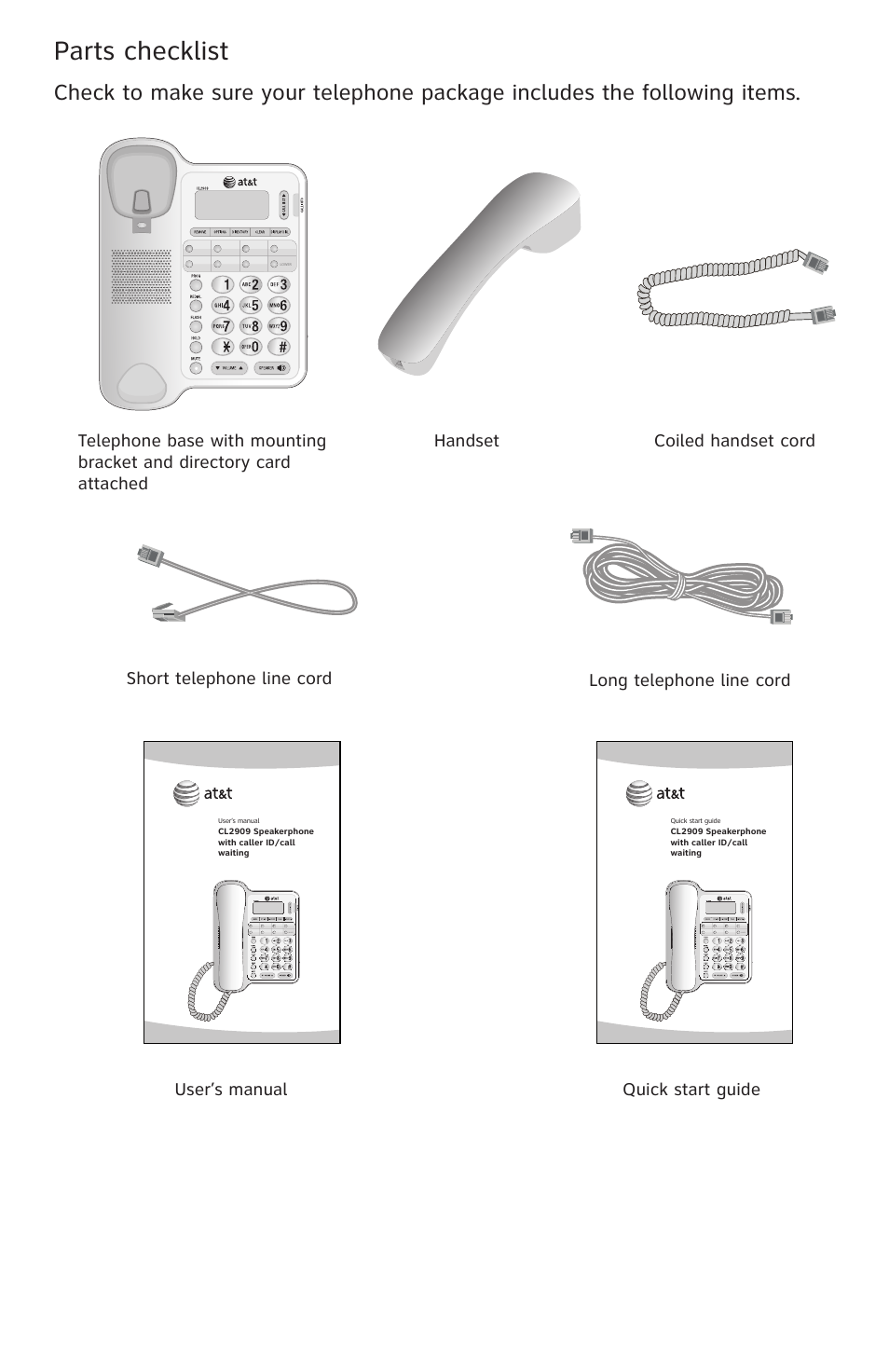 Parts checklist | AT&T CL2909 User Manual | Page 4 / 49