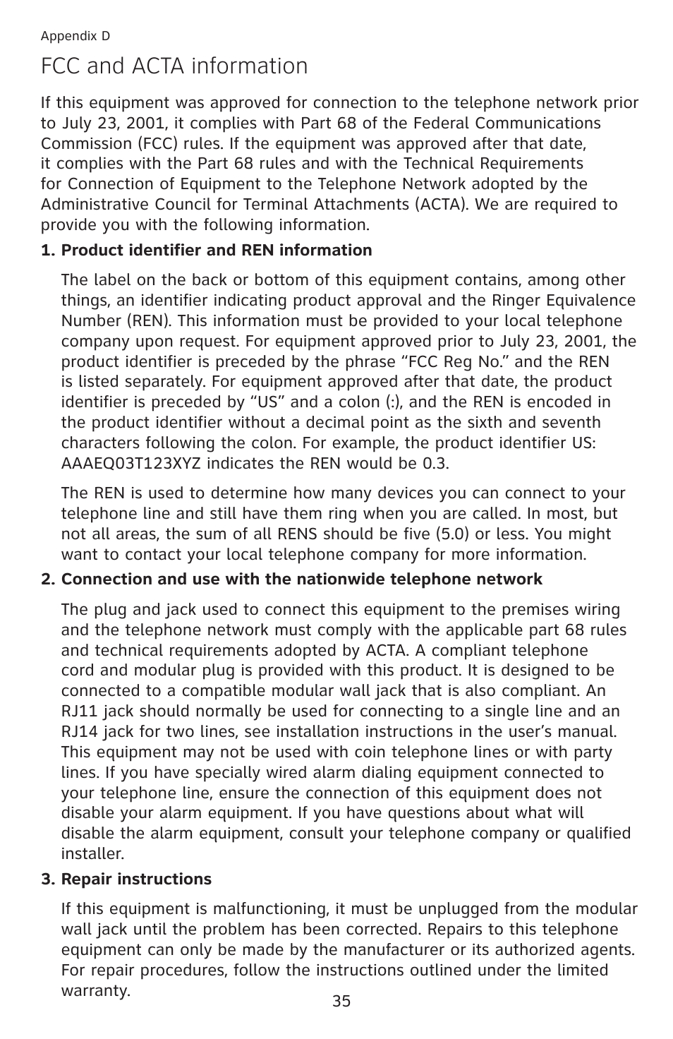 Fcc and acta information | AT&T CL2909 User Manual | Page 41 / 49