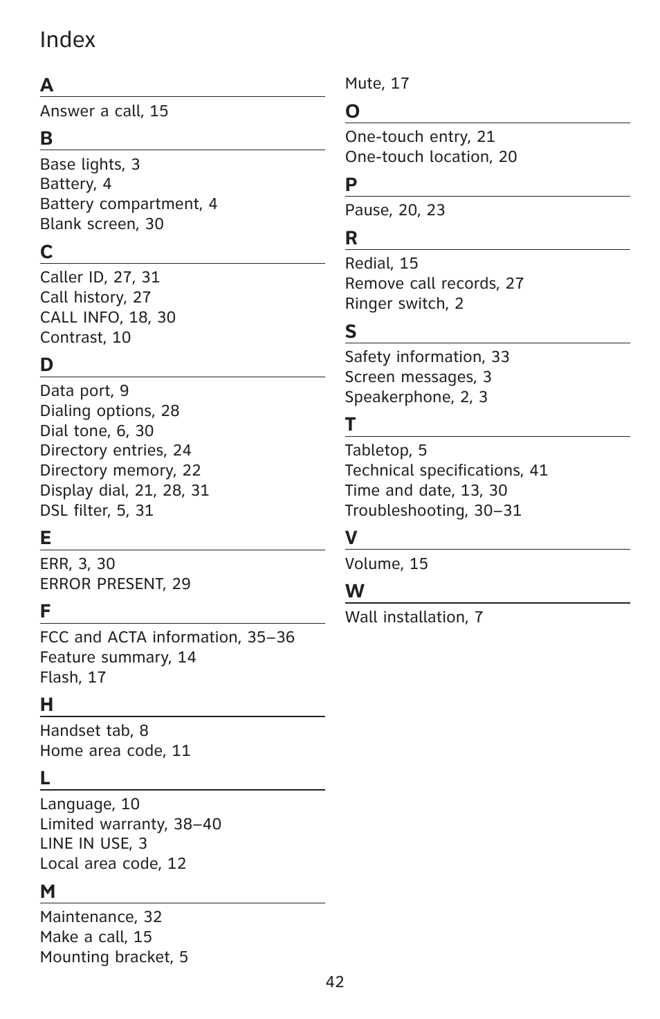 Index | AT&T CL2909 User Manual | Page 48 / 49