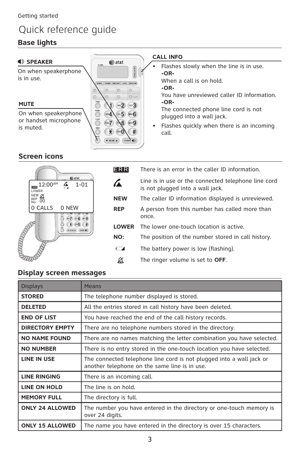 Quick reference guide, Display screen messages, Screen icons | Base lights | AT&T CL2909 User Manual | Page 9 / 49