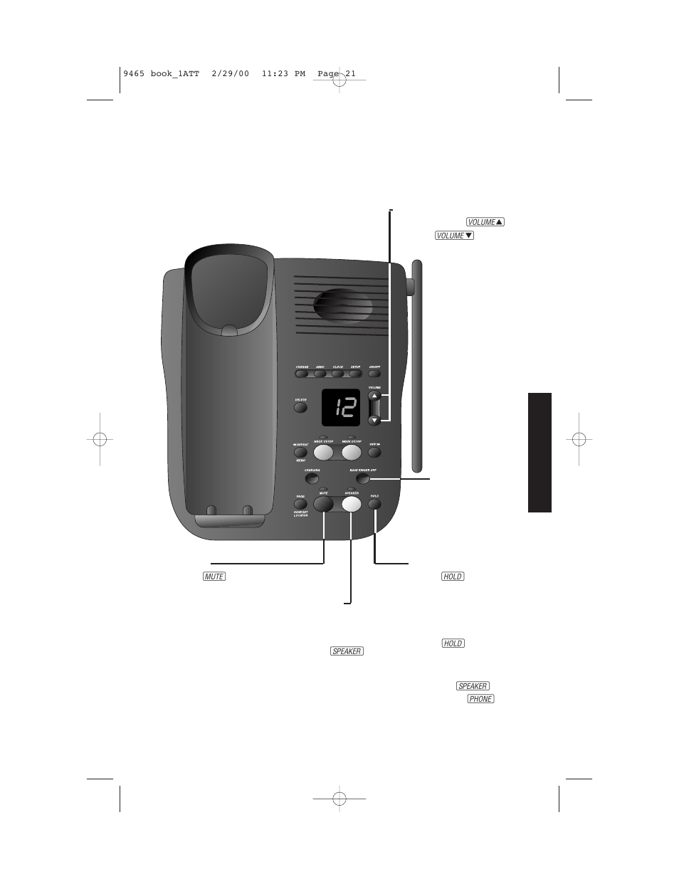 Telephone operation, At the base, Make, answer, or end a call | Hold, Mute, Speaker volume/ base ringer volume | AT&T 9465 User Manual | Page 23 / 56
