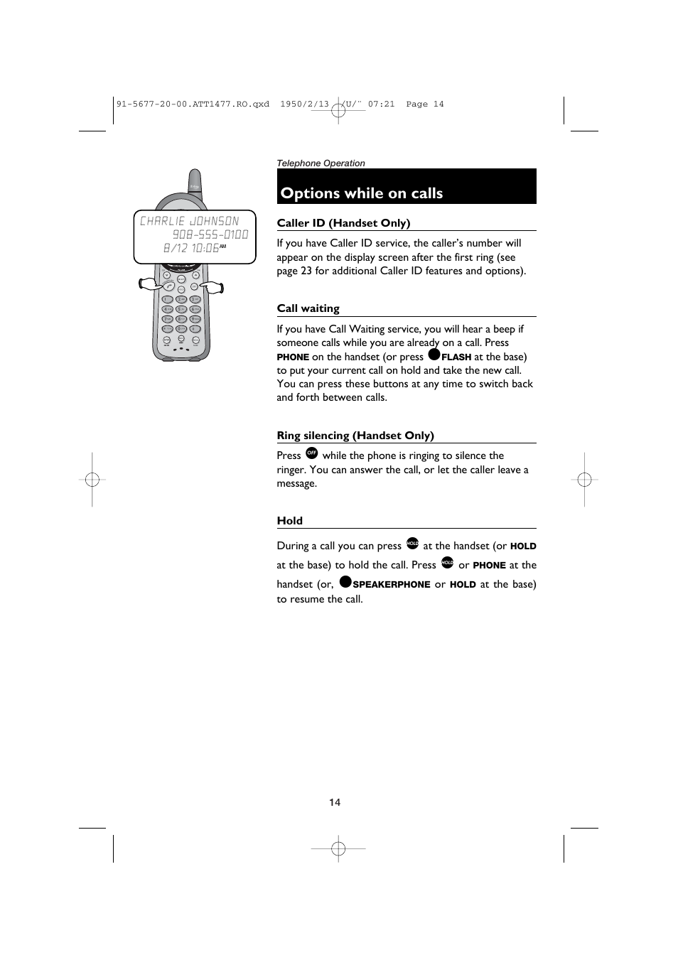 Options while on calls, Caller id (handset only), Call waiting | Ring silencing (handset only), Hold | AT&T 1477 User Manual | Page 16 / 51