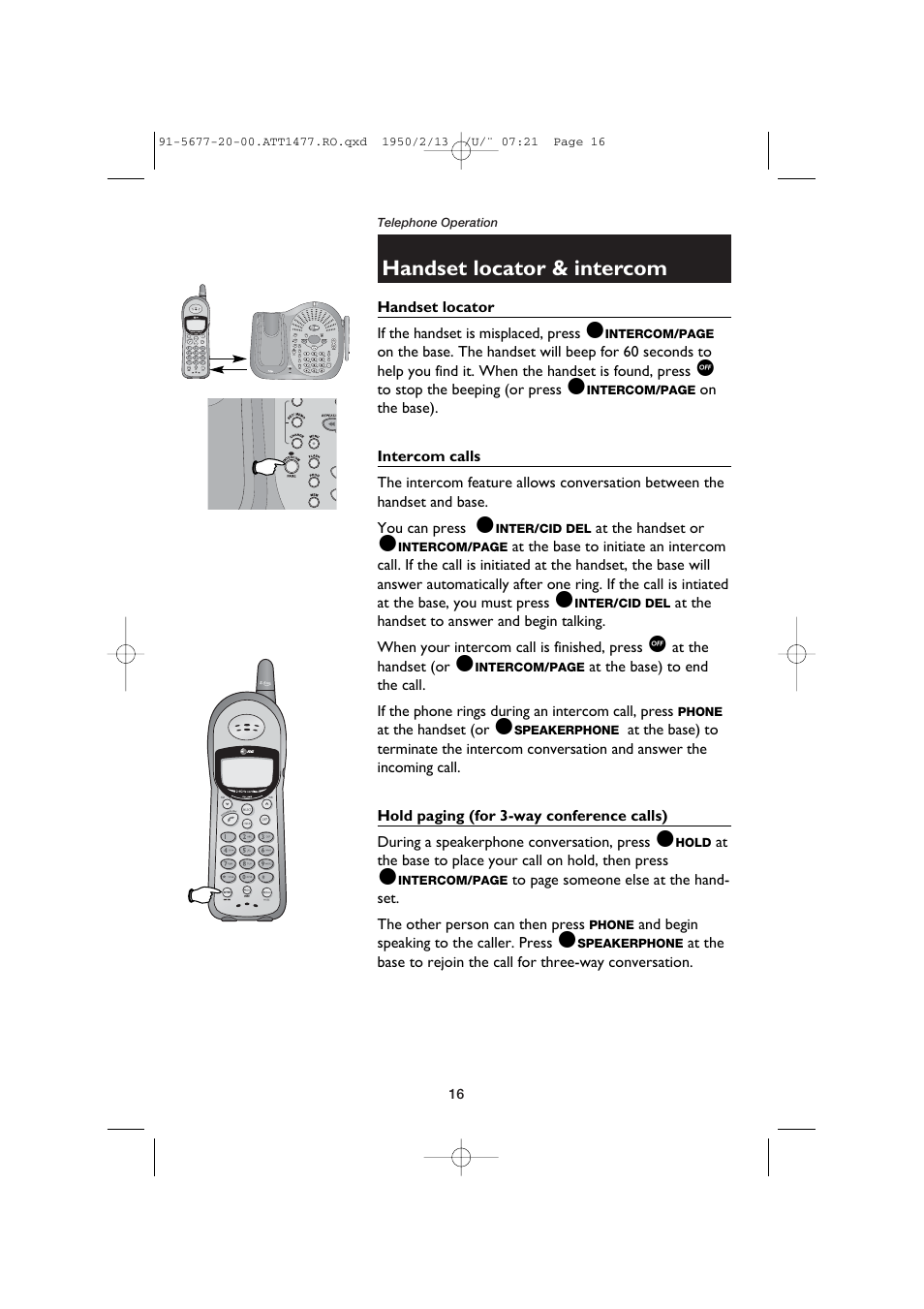 Handset locator & intercom, Handset locator, Intercom calls | Hold paging (for 3-way conference calls) | AT&T 1477 User Manual | Page 18 / 51