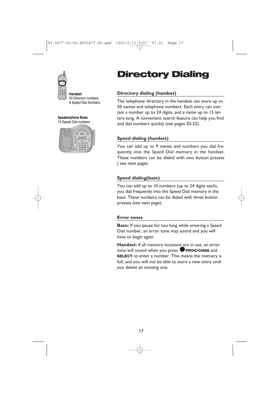 Directory dialing, Directory dialing (handset), Speed dialing (handset) | Speed dialing(base), Error tones, Base, Handset | AT&T 1477 User Manual | Page 19 / 51