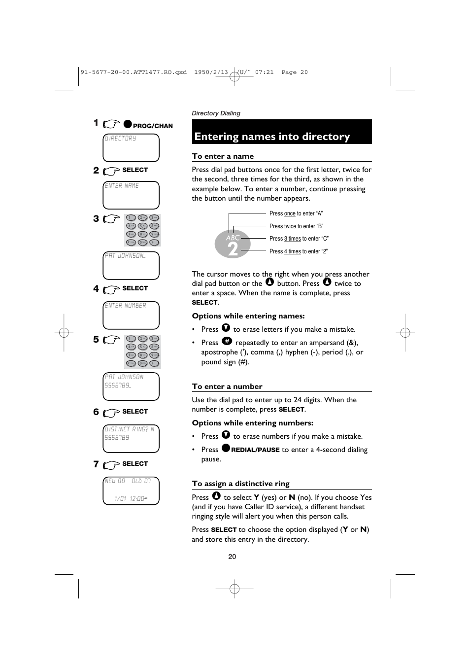Entering names into directory, To enter a name, Options while entering names | To enter a number, Options while entering numbers, To assign a distinctive ring | AT&T 1477 User Manual | Page 22 / 51