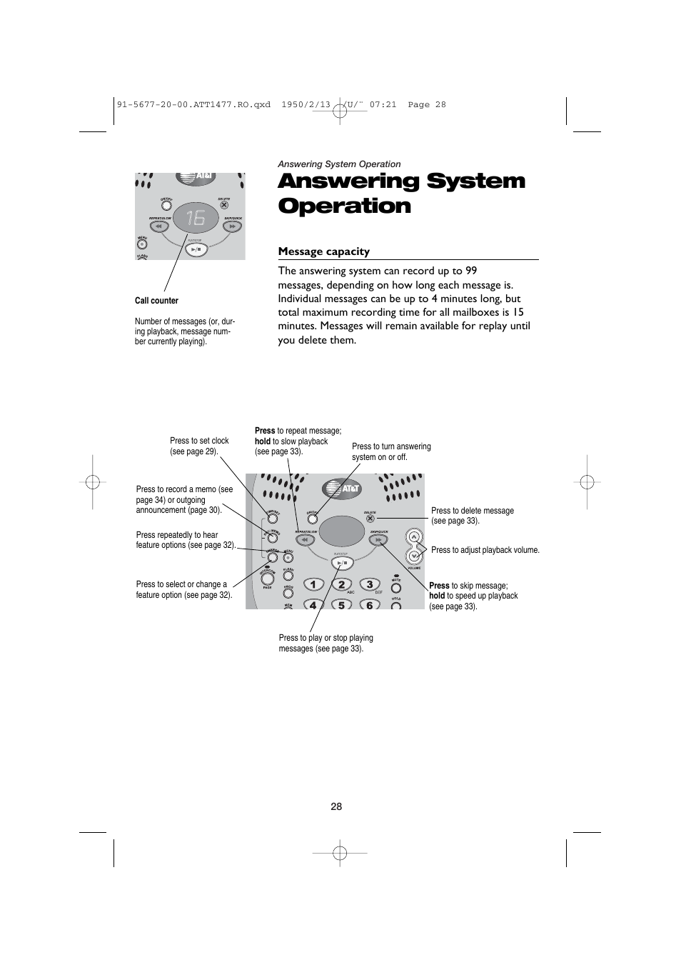 Answering system operation, Message capacity | AT&T 1477 User Manual | Page 30 / 51