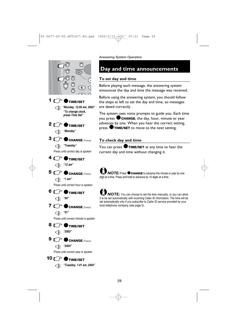 Day and time announcements, To set day and time, To check day and time | AT&T 1477 User Manual | Page 31 / 51